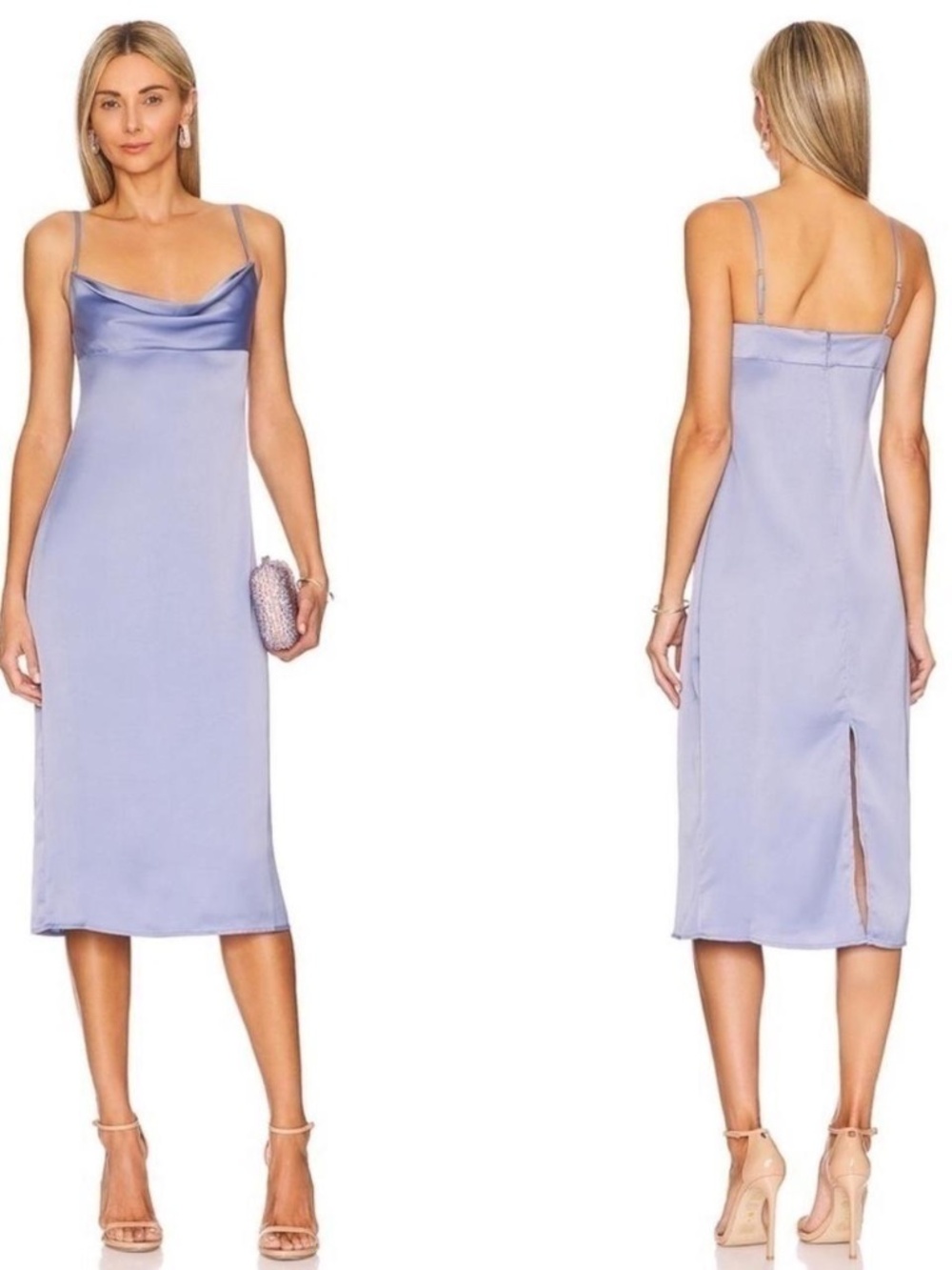 WeWoreWhat Slate Blue Satin Charmeuse Cowl-Neck Slip Midi Dress Size 4